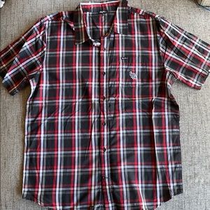 LRG red and black plaid button up shirt XL